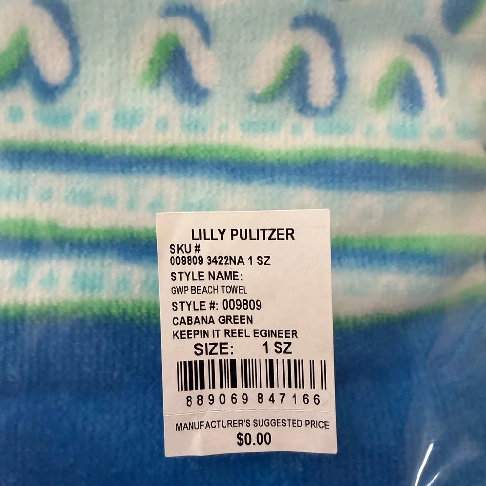 NEW Lilly Pulitzer Cabana Green Keepin It Reel Engineered Beach Towel